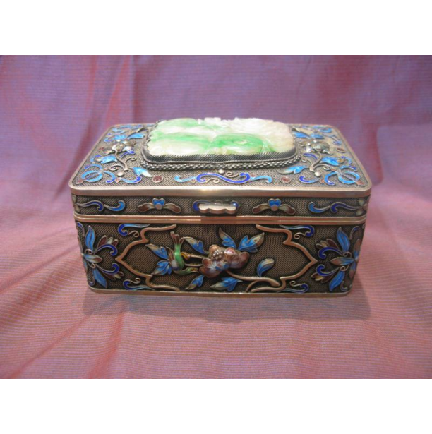 Chinese Silver Enamel Box with Jade  